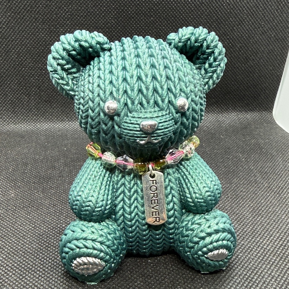 Unique Resin , Teal “Knitted” Teddy Bear with Beaded Necklace